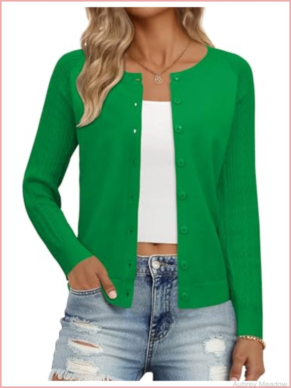 Women's Button Up Textured Cable Knit Cardigan Sweater Crew Neck Long Sleeve